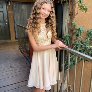 Champagne formal dress with lace bodice, corset back, chiffon over satin. XS.